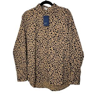 Crown & Ivy Tan Black Leopard Cheetah Animal Print Button Down Shirt Women's L